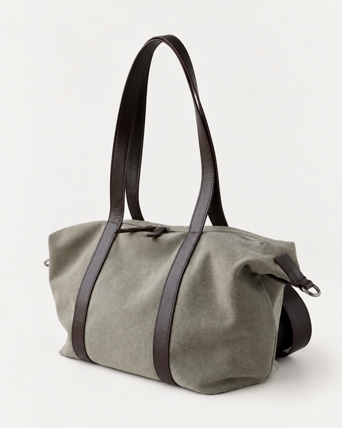 Olive grey canvas tote with dark brown handles