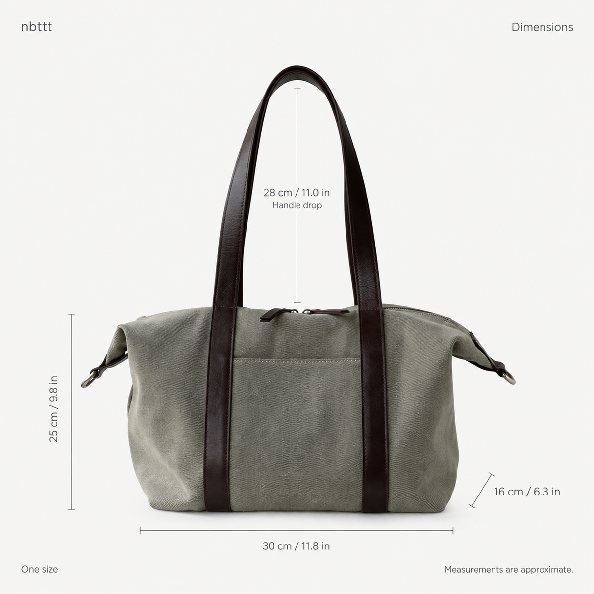 Tote measurements: base 30 cm, height 25 cm, depth 16 cm, handle drop 28 cm